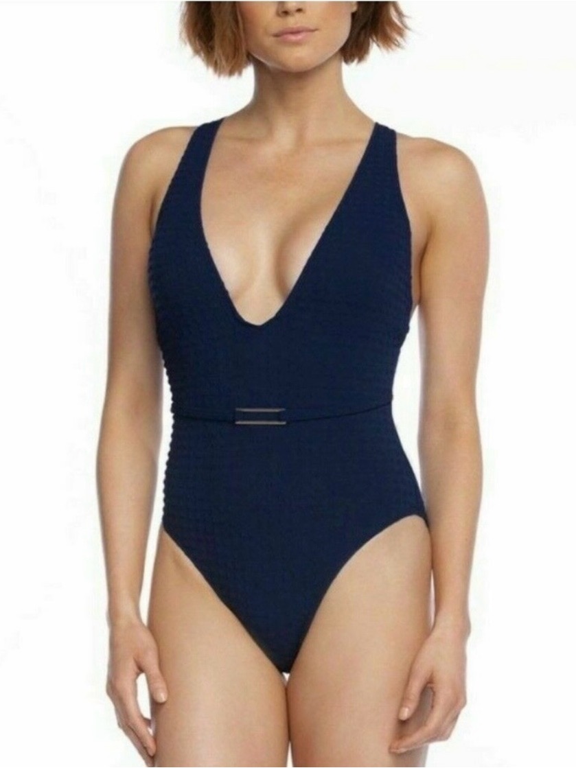 La Blanca Navy Get To The Point Deep V Belted One-Piece Swimsuit